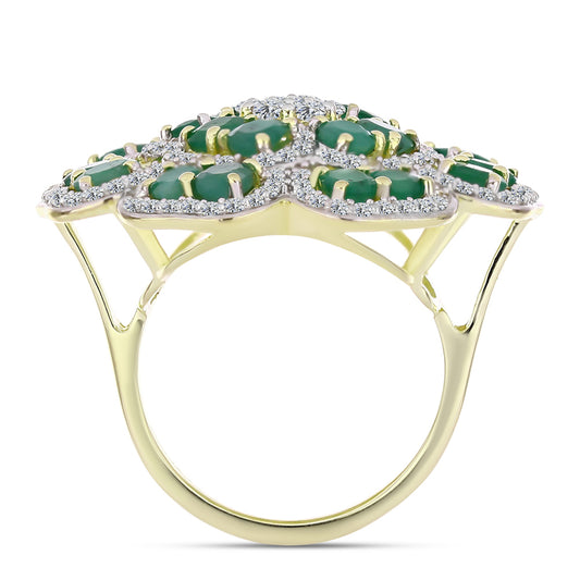 Anel de Prata com Banho de Ouro com Esmeralda do Brasil e Topázio Branco  Contraste: Cabeca de Veado (800)