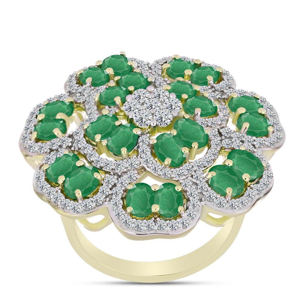 Anel de Prata com Banho de Ouro com Esmeralda do Brasil e Topázio Branco  Contraste: Cabeca de Veado (800)