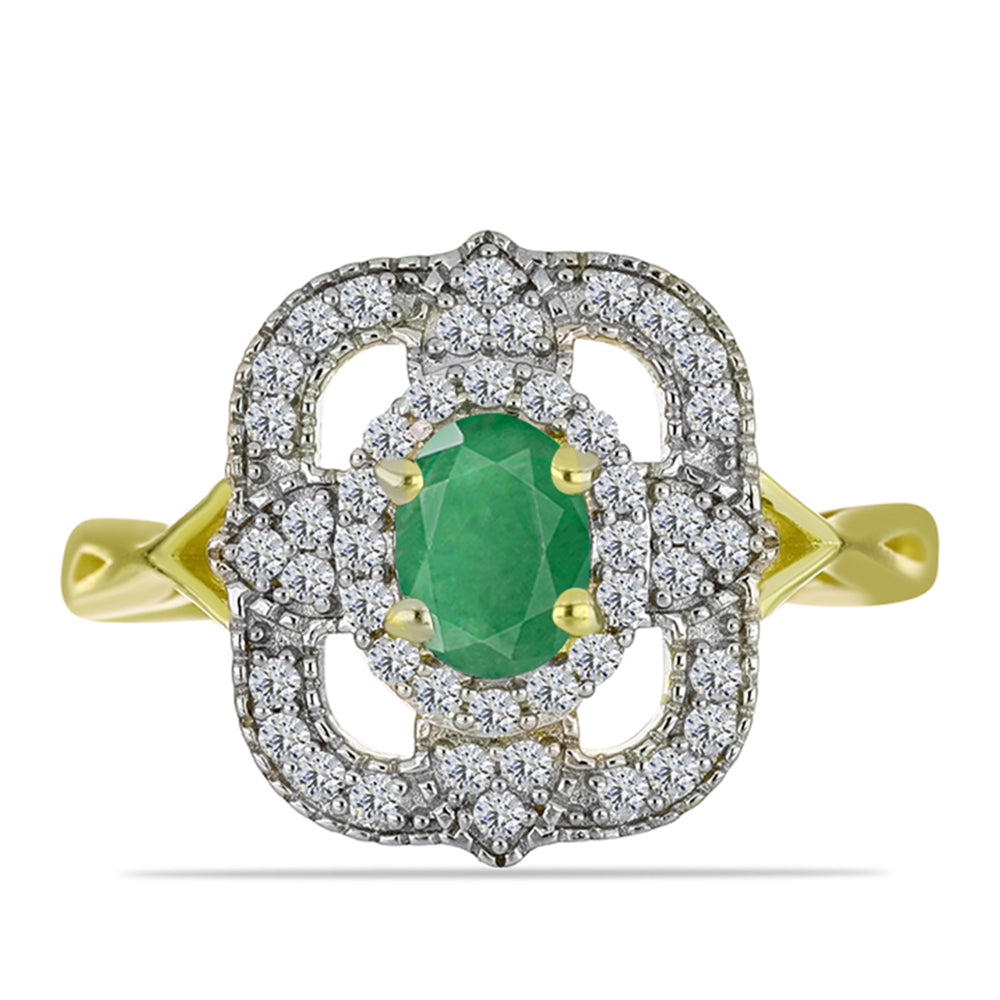 Anel de Prata com Banho de Ouro com Esmeralda do Brasil e Topázio Branco  Contraste: Cabeca de Veado (800) 1 
