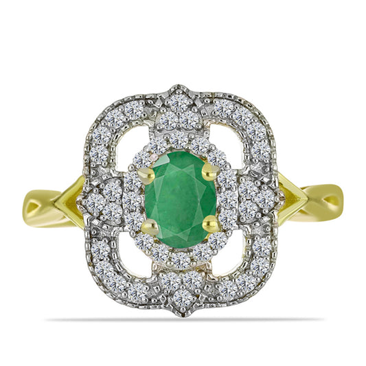 Anel de Prata com Banho de Ouro com Esmeralda do Brasil e Topázio Branco  Contraste: Cabeca de Veado (800)