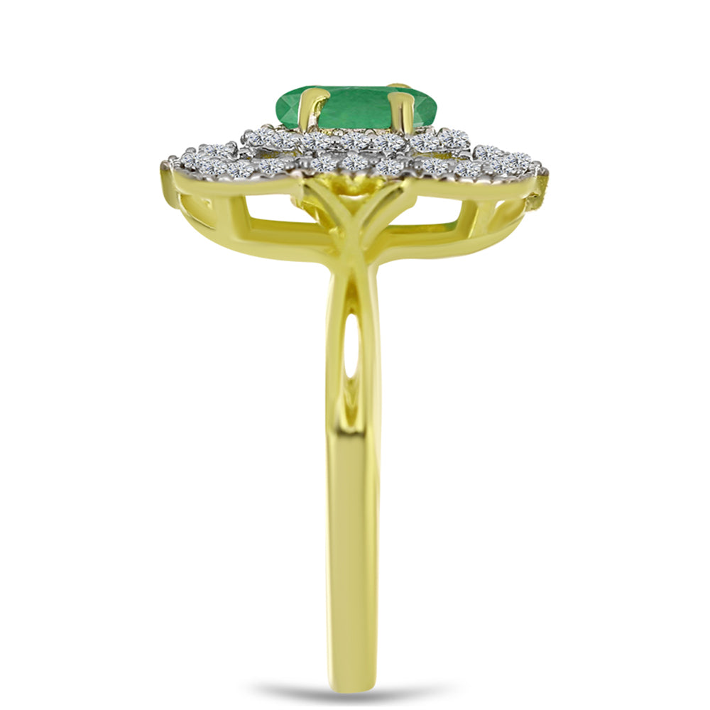 Anel de Prata com Banho de Ouro com Esmeralda do Brasil e Topázio Branco  Contraste: Cabeca de Veado (800)