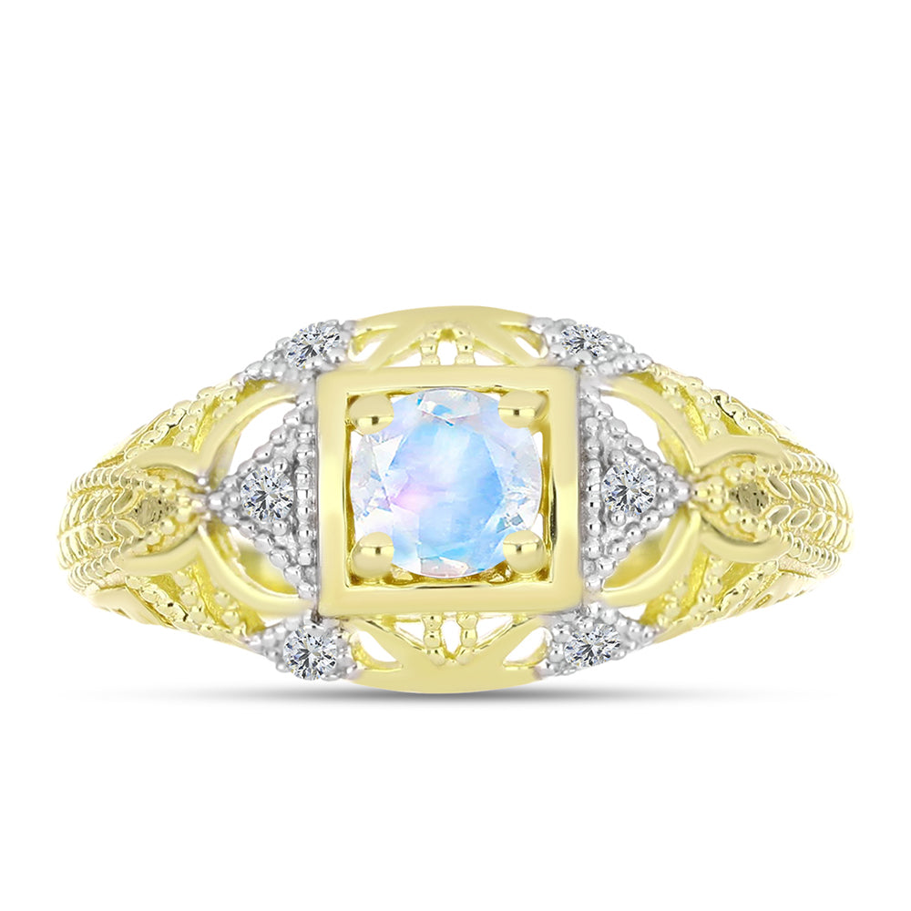 Anel de Prata com Banho de Ouro com Pedra da Lua Arco-íris e Topázio Branco  Contraste: Cabeca de Veado (800)