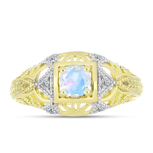 Anel de Prata com Banho de Ouro com Pedra da Lua Arco-íris e Topázio Branco  Contraste: Cabeca de Veado (800)