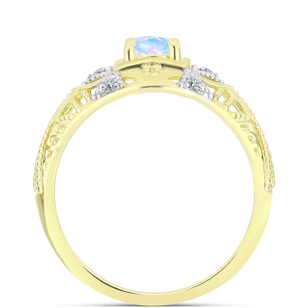 Anel de Prata com Banho de Ouro com Pedra da Lua Arco-íris e Topázio Branco  Contraste: Cabeca de Veado (800) 2 