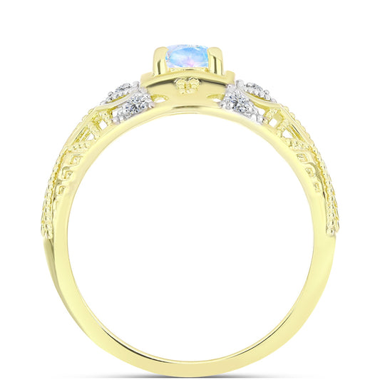 Anel de Prata com Banho de Ouro com Pedra da Lua Arco-íris e Topázio Branco  Contraste: Cabeca de Veado (800)