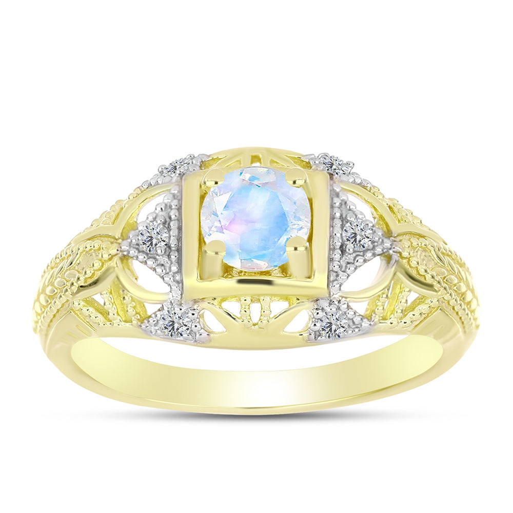 Anel de Prata com Banho de Ouro com Pedra da Lua Arco-íris e Topázio Branco  Contraste: Cabeca de Veado (800) 3 