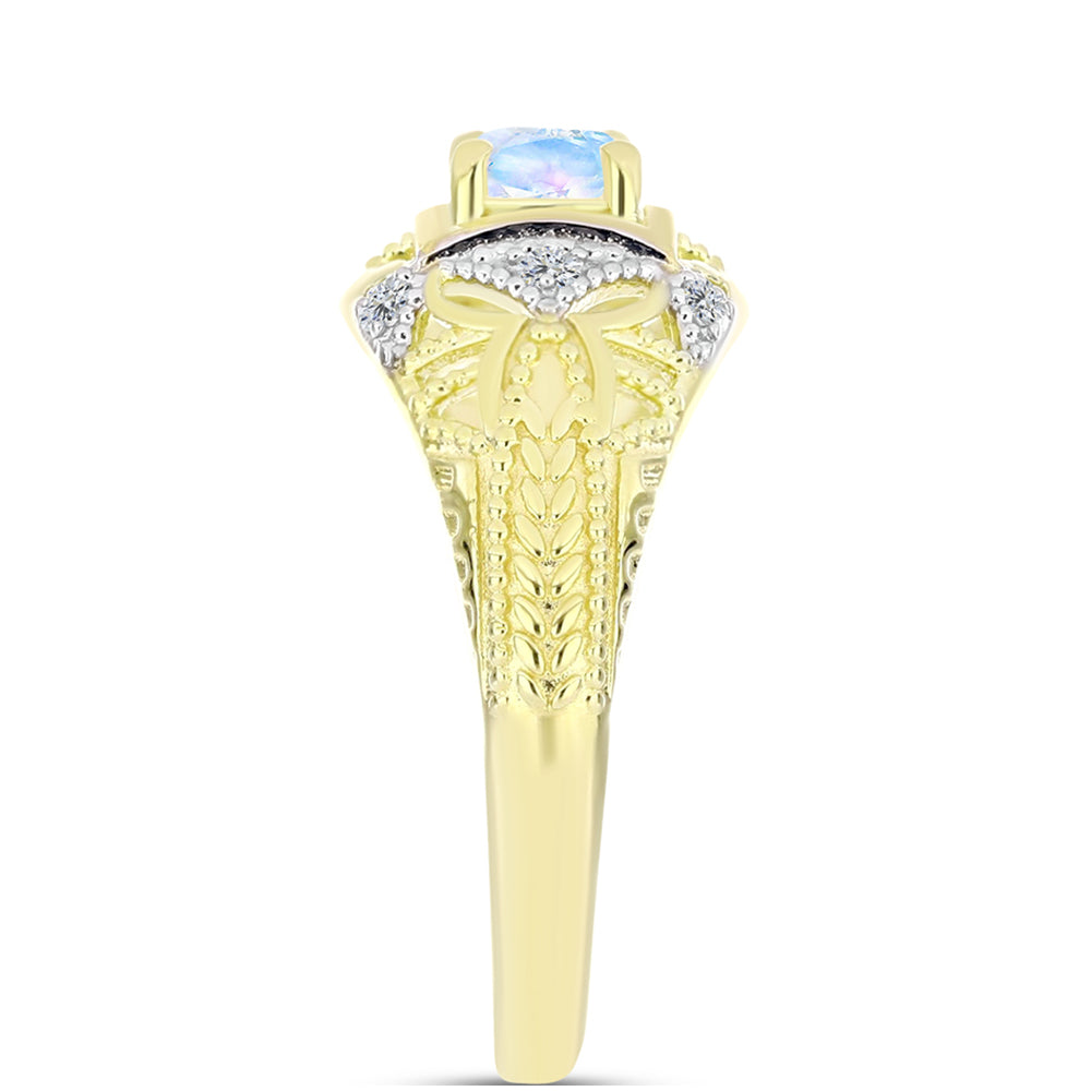 Anel de Prata com Banho de Ouro com Pedra da Lua Arco-íris e Topázio Branco  Contraste: Cabeca de Veado (800) 4 