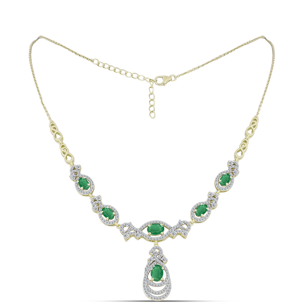 Colar de Prata com Banho de Ouro com Esmeralda do Brasil e Topázio Branco  Contraste: Cabeca de Veado (800)