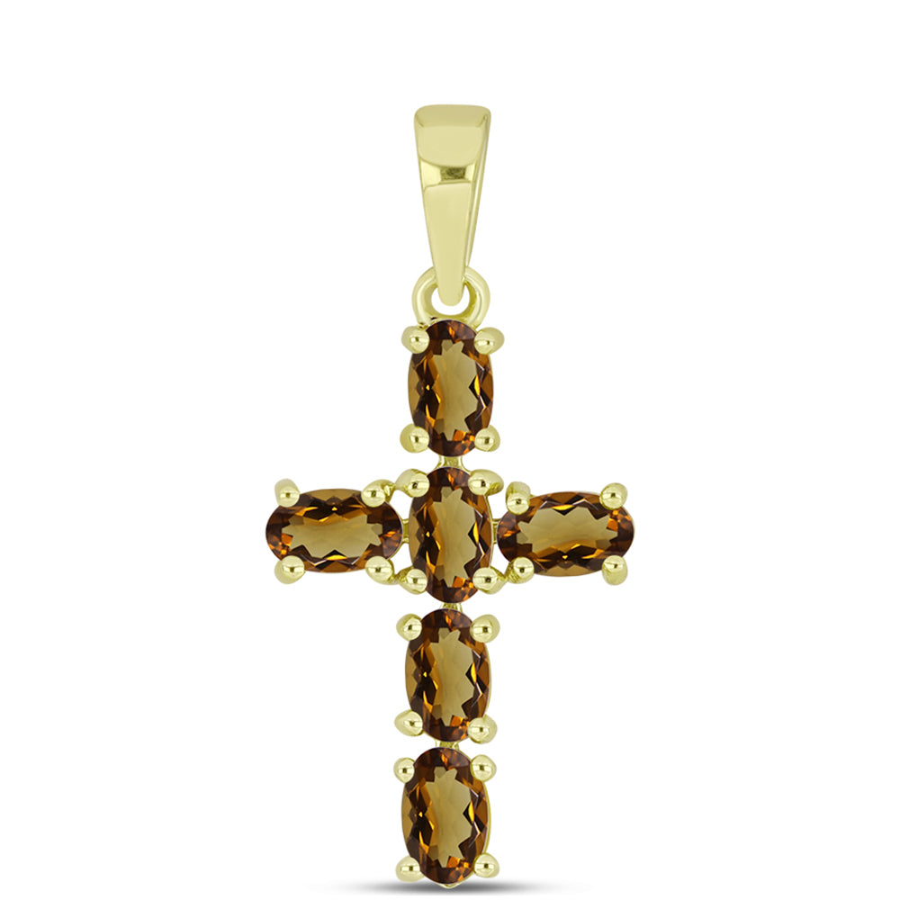 Cruz Pendente de Prata com Banho de Ouro com Quartzo Cognac 1 
