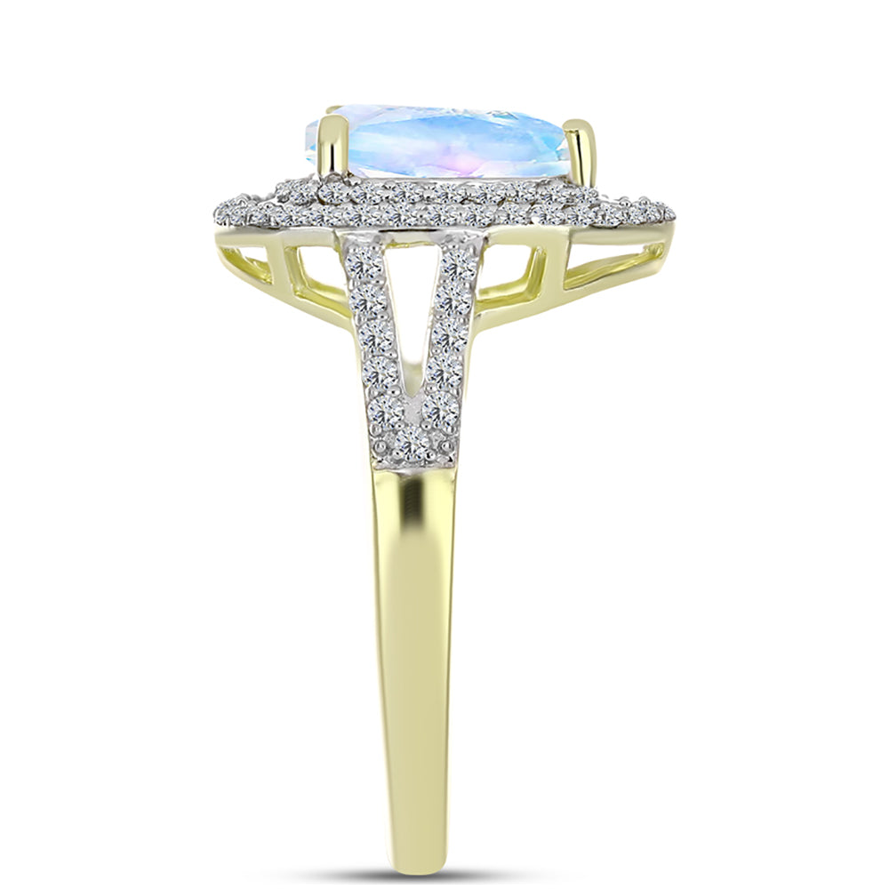 Anel de Prata com Banho de Ouro com Pedra da Lua Arco-íris e Topázio Branco