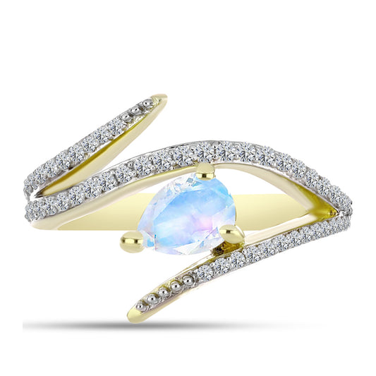 Anel de Prata com Banho de Ouro com Pedra da Lua Arco-íris e Topázio Branco  Contraste: Cabeca de Veado (800)