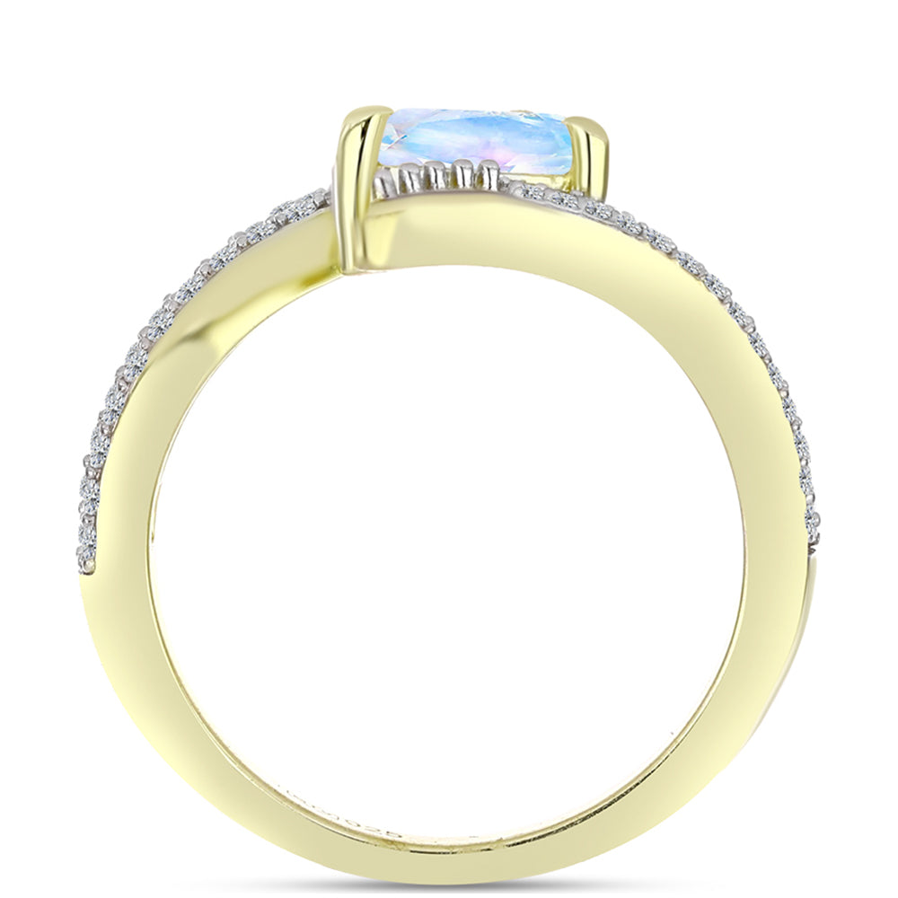 Anel de Prata com Banho de Ouro com Pedra da Lua Arco-íris e Topázio Branco  Contraste: Cabeca de Veado (800)