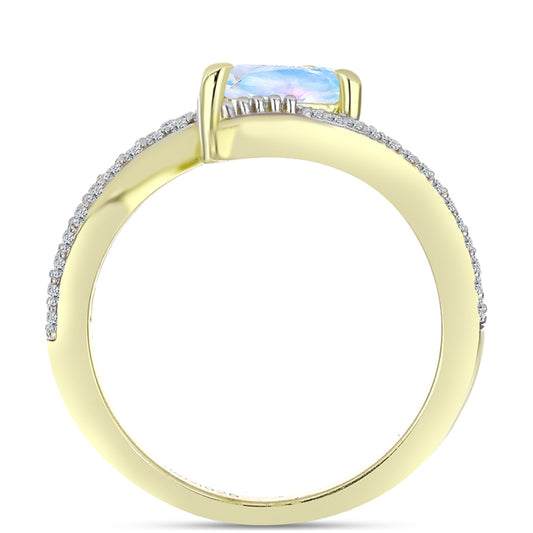 Anel de Prata com Banho de Ouro com Pedra da Lua Arco-íris e Topázio Branco  Contraste: Cabeca de Veado (800)