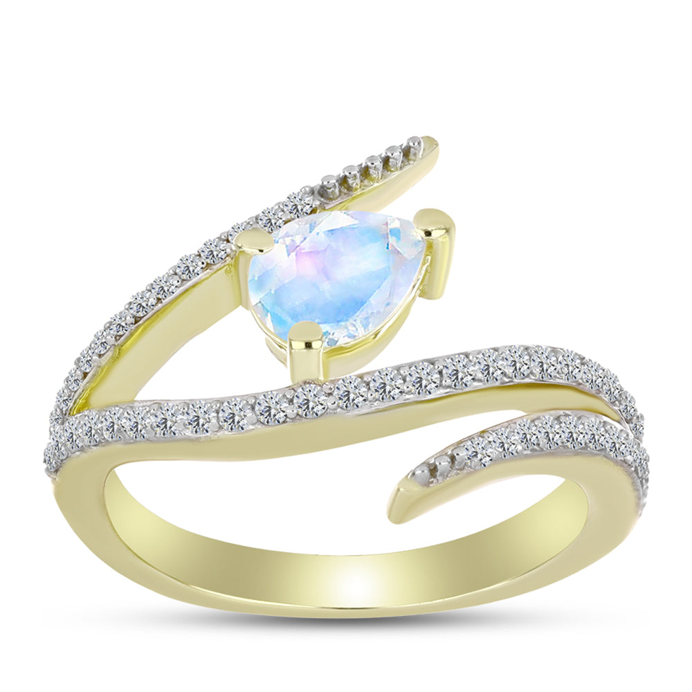 Anel de Prata com Banho de Ouro com Pedra da Lua Arco-íris e Topázio Branco  Contraste: Cabeca de Veado (800) 3 