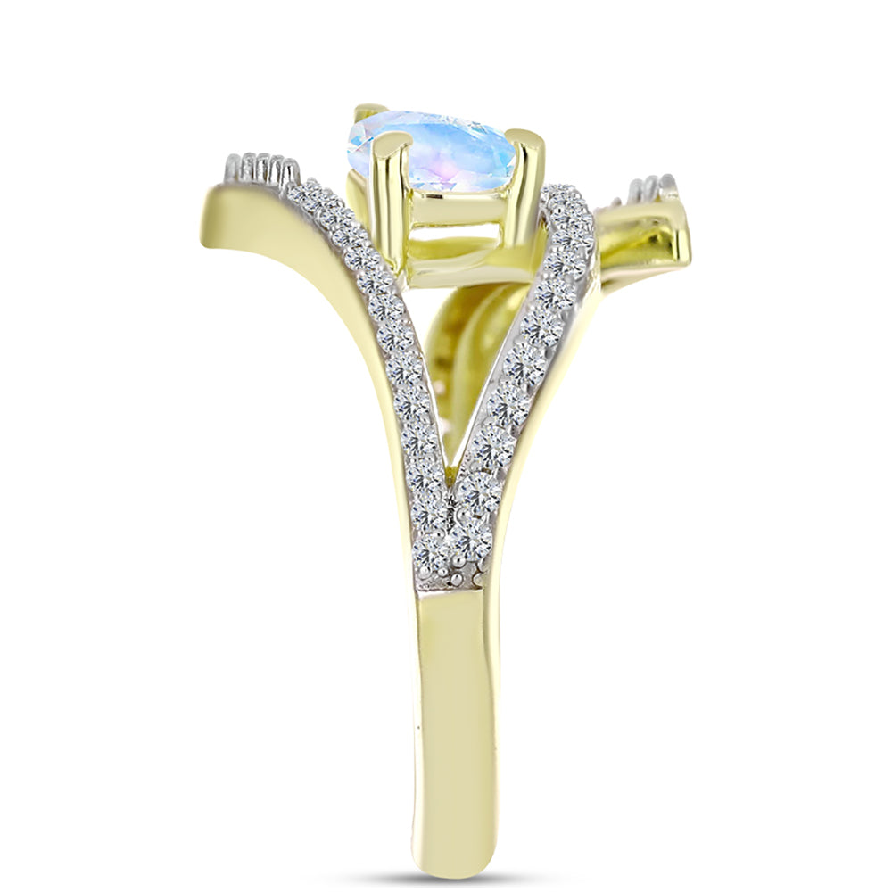 Anel de Prata com Banho de Ouro com Pedra da Lua Arco-íris e Topázio Branco  Contraste: Cabeca de Veado (800) 4 