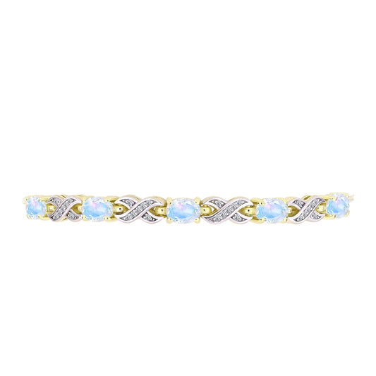 Pulseira de Prata com Banho de Ouro com Pedra da Lua Arco-íris e Topázio Branco  Contraste: Cabeca de Veado (800)