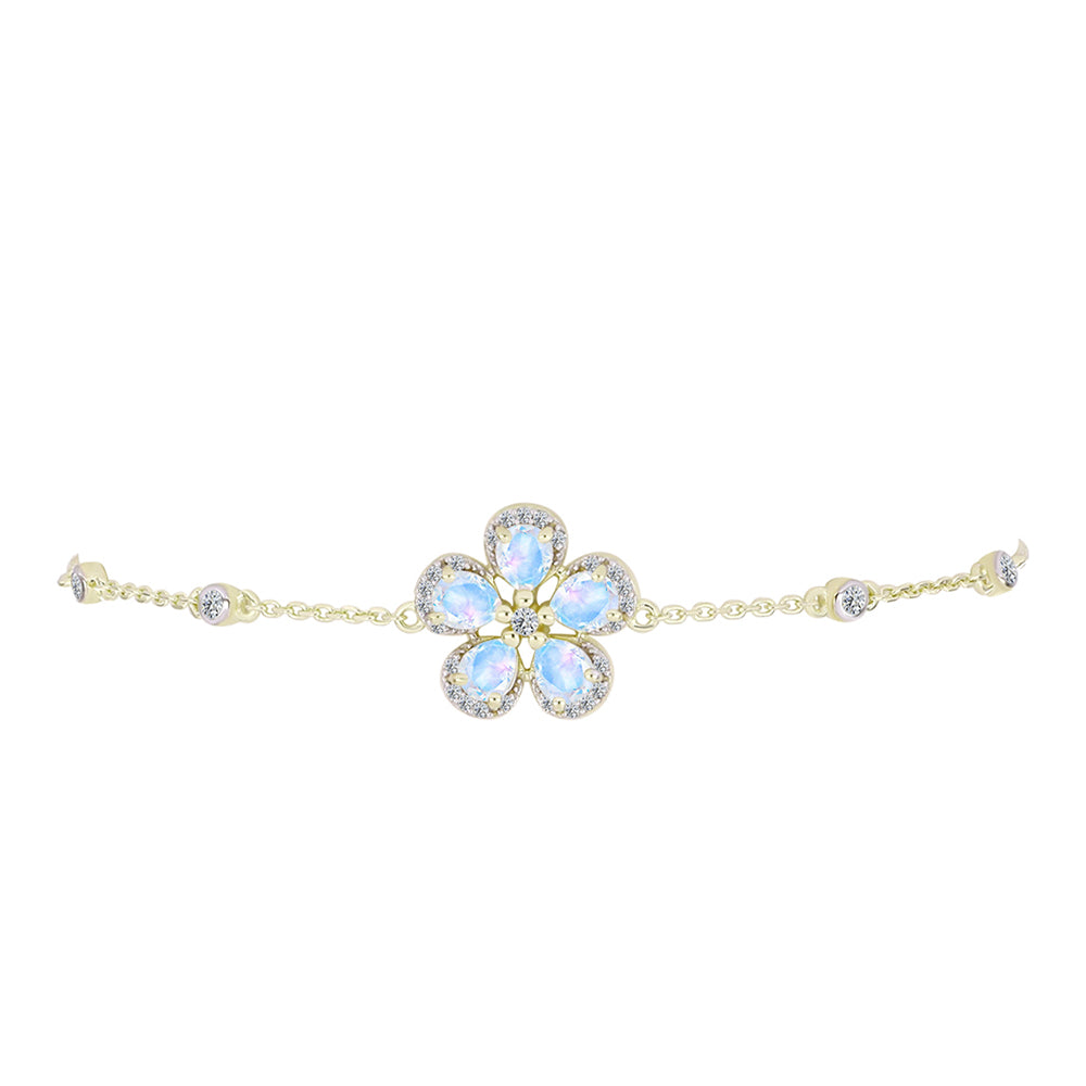 Pulseira de Prata com Banho de Ouro com Pedra da Lua Arco-íris e Topázio Branco  Contraste: Cabeca de Veado (800)