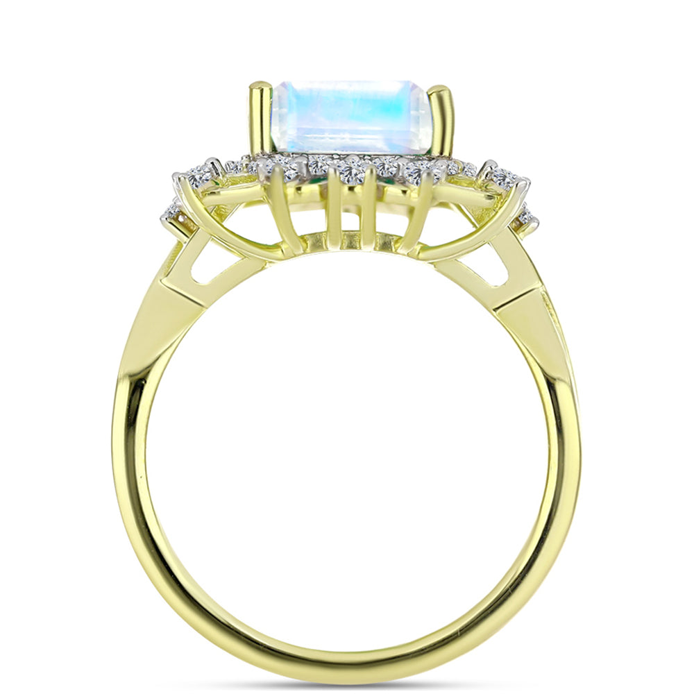 Anel de Prata com Banho de Ouro com Pedra da Lua Arco-íris e Topázio Branco  Contraste: Cabeca de Veado (800)