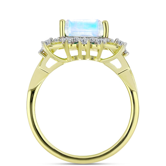 Anel de Prata com Banho de Ouro com Pedra da Lua Arco-íris e Topázio Branco  Contraste: Cabeca de Veado (800)