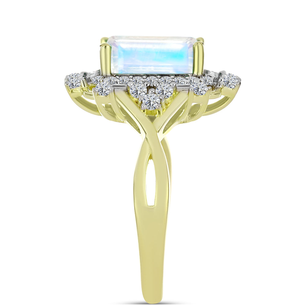 Anel de Prata com Banho de Ouro com Pedra da Lua Arco-íris e Topázio Branco  Contraste: Cabeca de Veado (800) 4 