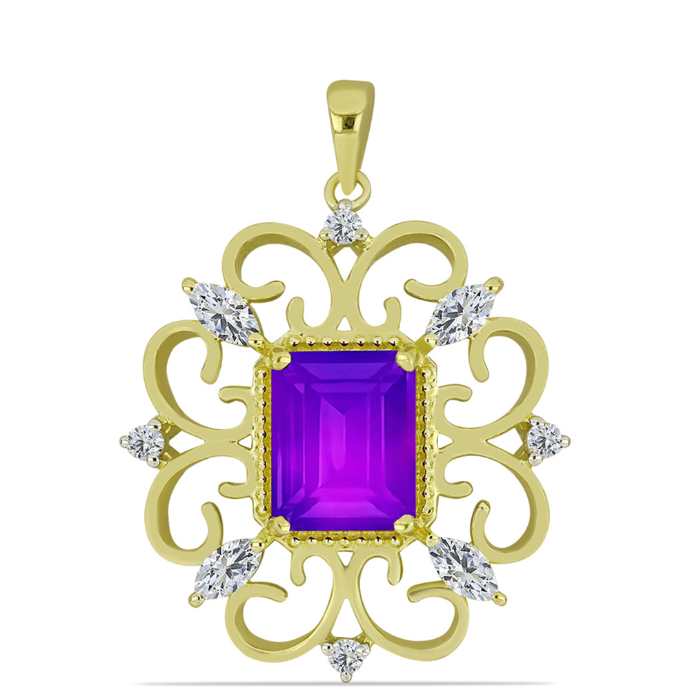 Pendente de Prata com Banho de Ouro com Ágata Roxa e Topázio Branco  Contraste: Cabeca de Veado (800)