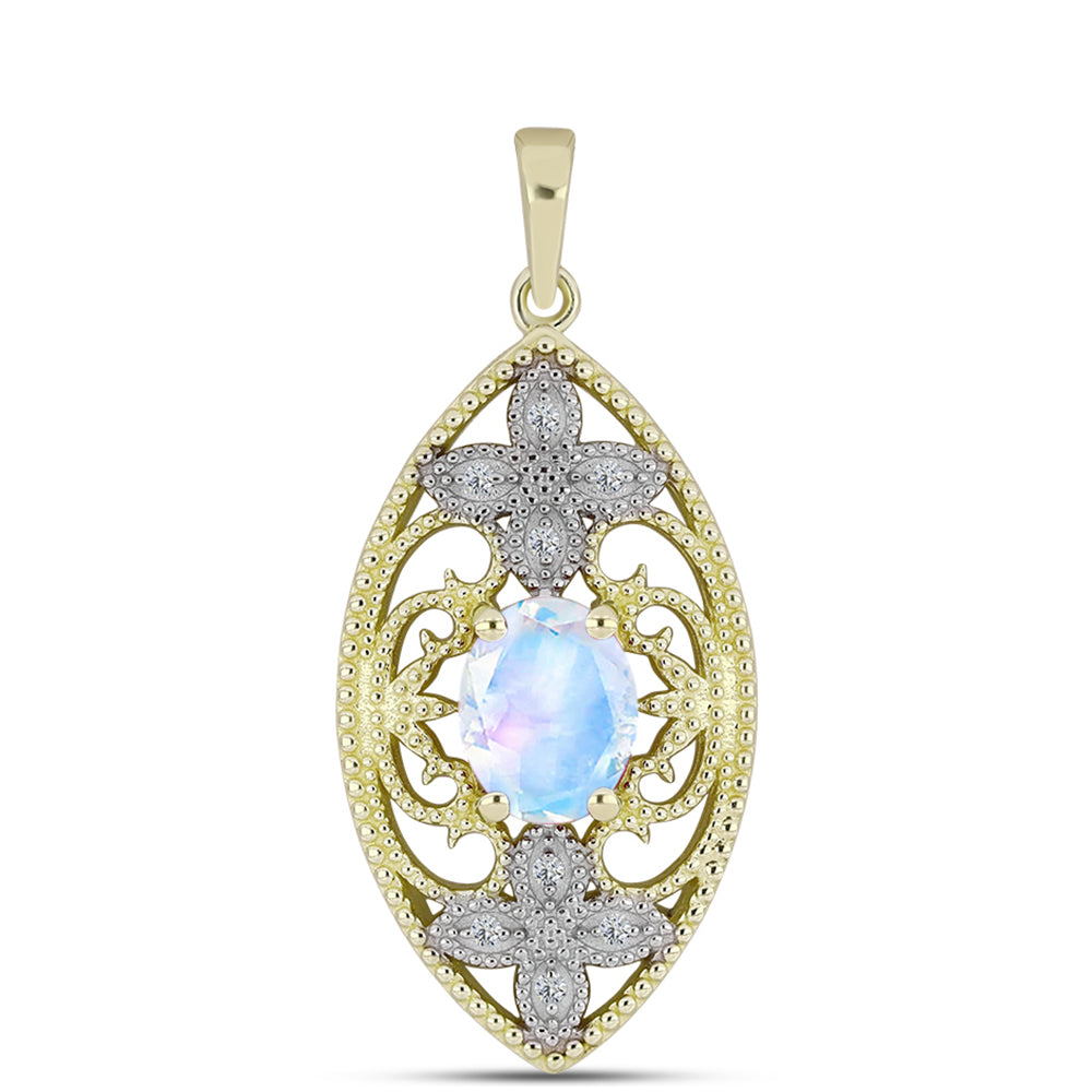 Pendente de Prata com Banho de Ouro com Pedra da Lua Arco-íris e Topázio Branco  Contraste: Cabeca de Veado (800)