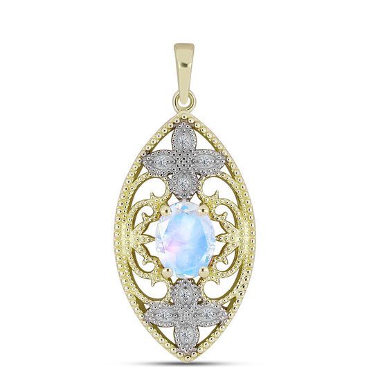Pendente de Prata com Banho de Ouro com Pedra da Lua Arco-íris e Topázio Branco  Contraste: Cabeca de Veado (800)