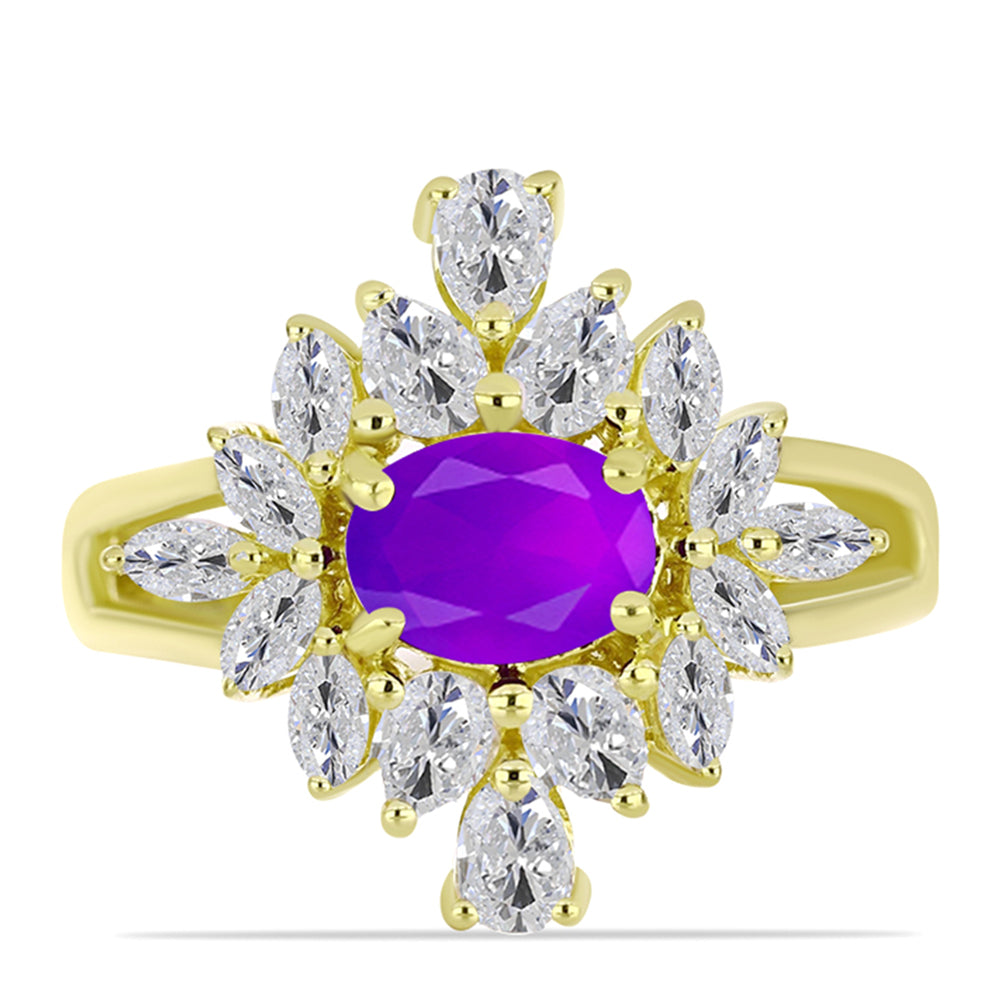 Anel de Prata com Banho de Ouro com Ágata Roxa e Topázio Branco  Contraste: Cabeca de Veado (800) 1 