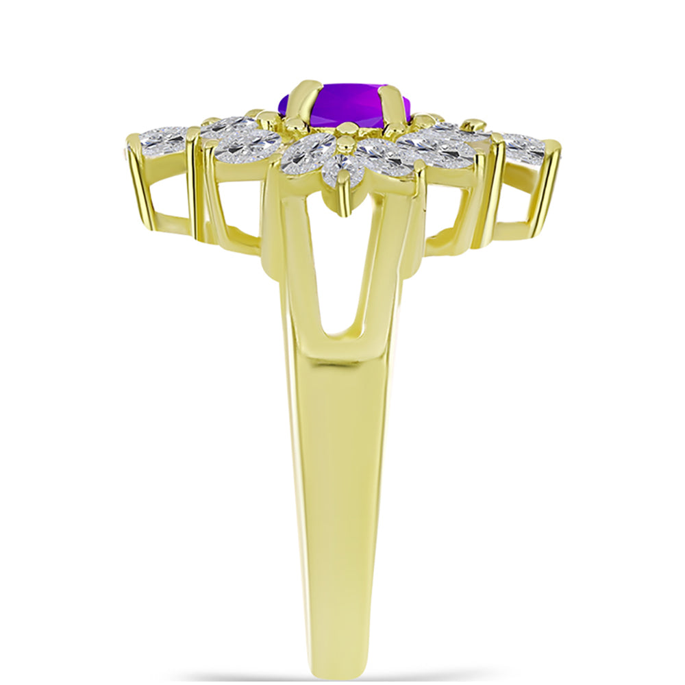 Anel de Prata com Banho de Ouro com Ágata Roxa e Topázio Branco  Contraste: Cabeca de Veado (800) 4 