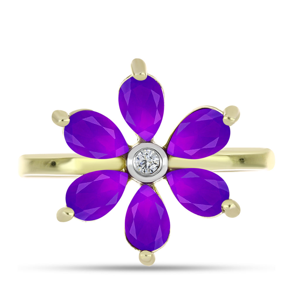 Anel de Prata com Banho de Ouro com Ágata Roxa e Topázio Branco  Contraste: Cabeca de Veado (800) 1 