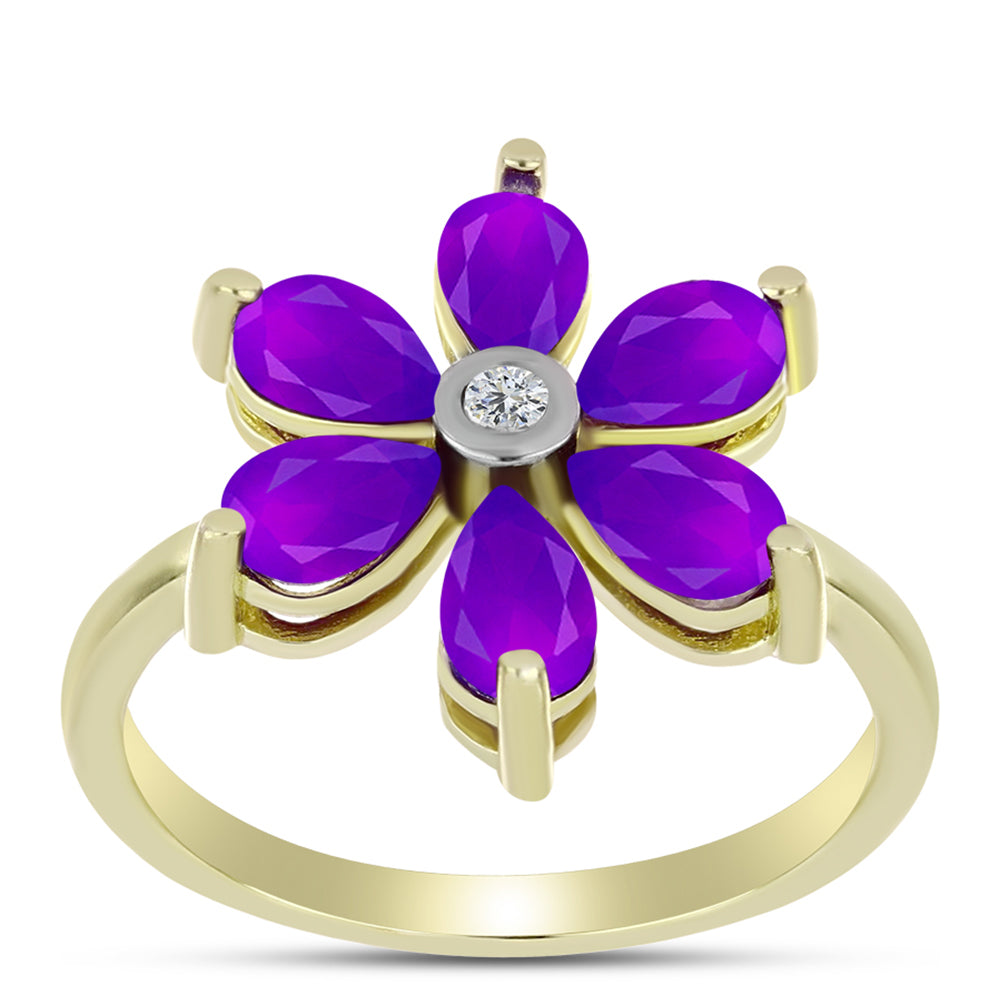 Anel de Prata com Banho de Ouro com Ágata Roxa e Topázio Branco  Contraste: Cabeca de Veado (800)