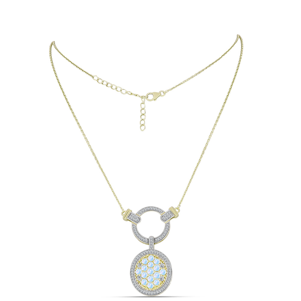 Colar de Prata com Banho de Ouro com Pedra da Lua Arco-íris e Topázio Branco  Contraste: Cabeca de Veado (800) 1 