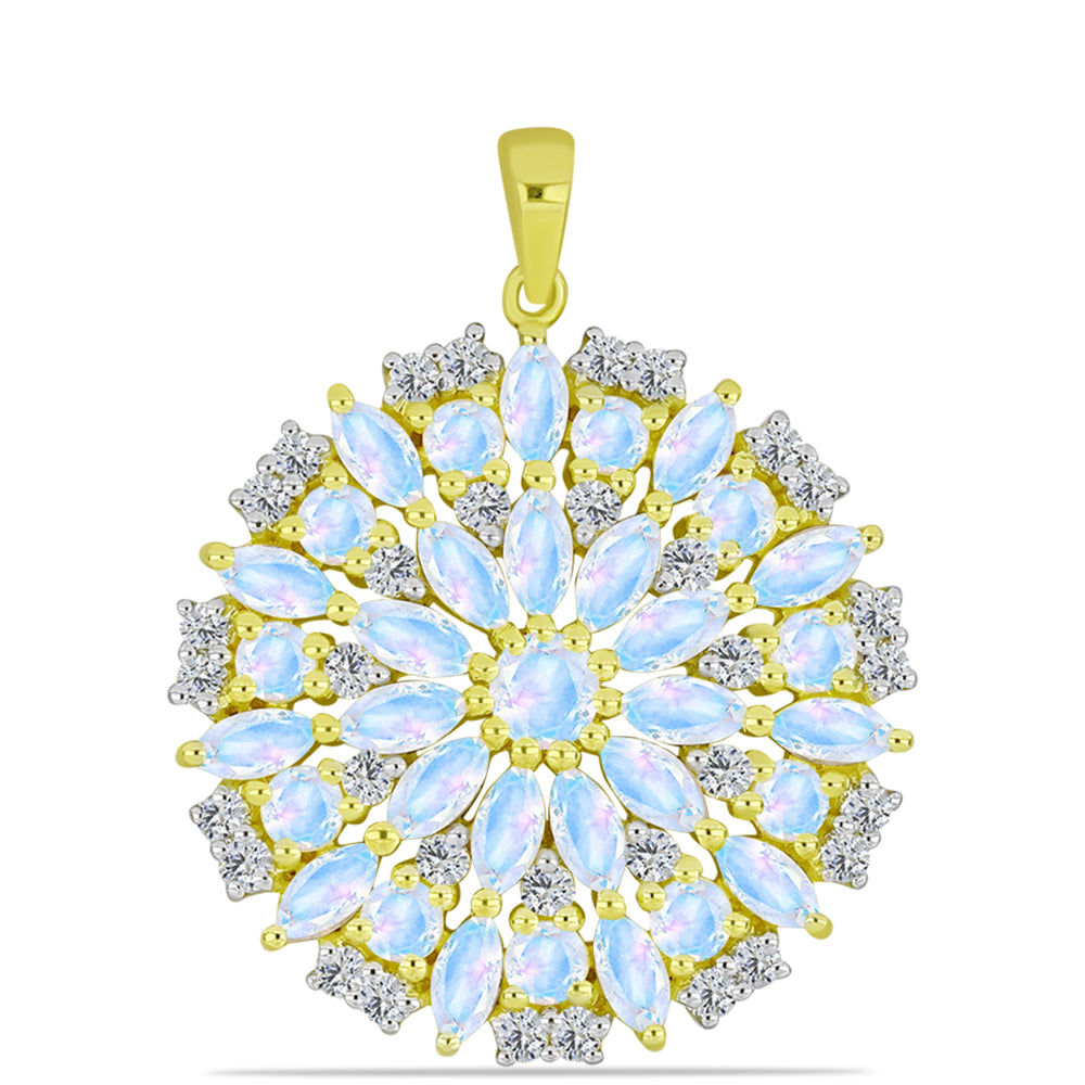 Pendente de Prata com Banho de Ouro com Pedra da Lua Arco-íris  Contraste: Cabeca de Veado (800)