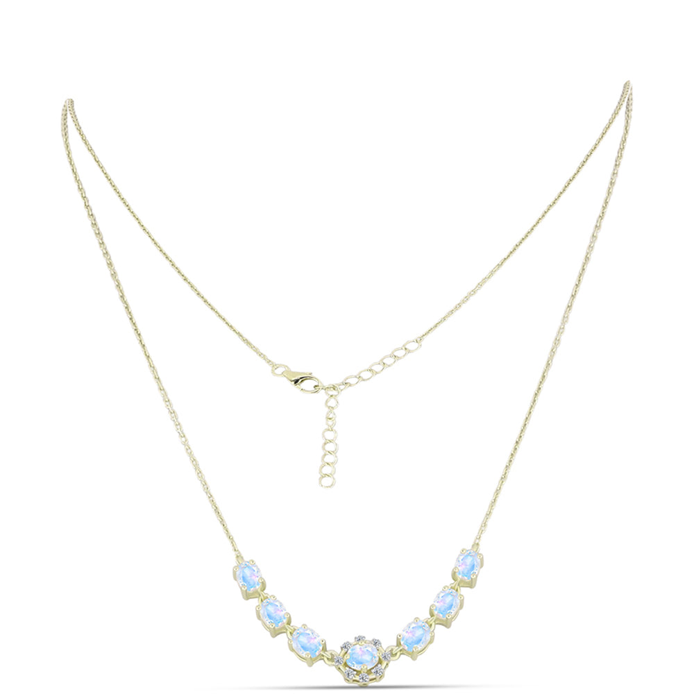 Colar de Prata com Banho de Ouro com Pedra da Lua Arco-íris e Topázio Branco  Contraste: Cabeca de Veado (800) 1 