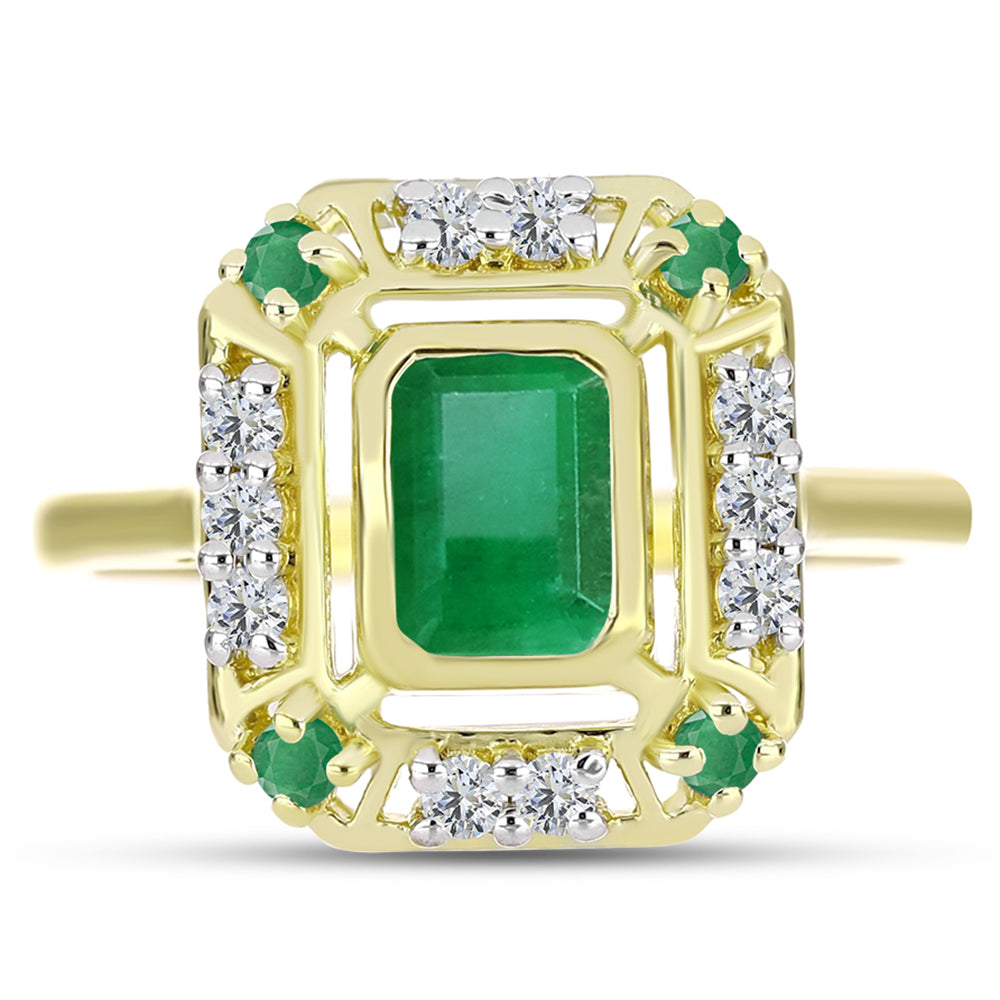 Anel de Prata com Banho de Ouro com Esmeralda do Brasil e Topázio Branco  Contraste: Cabeca de Veado (800)