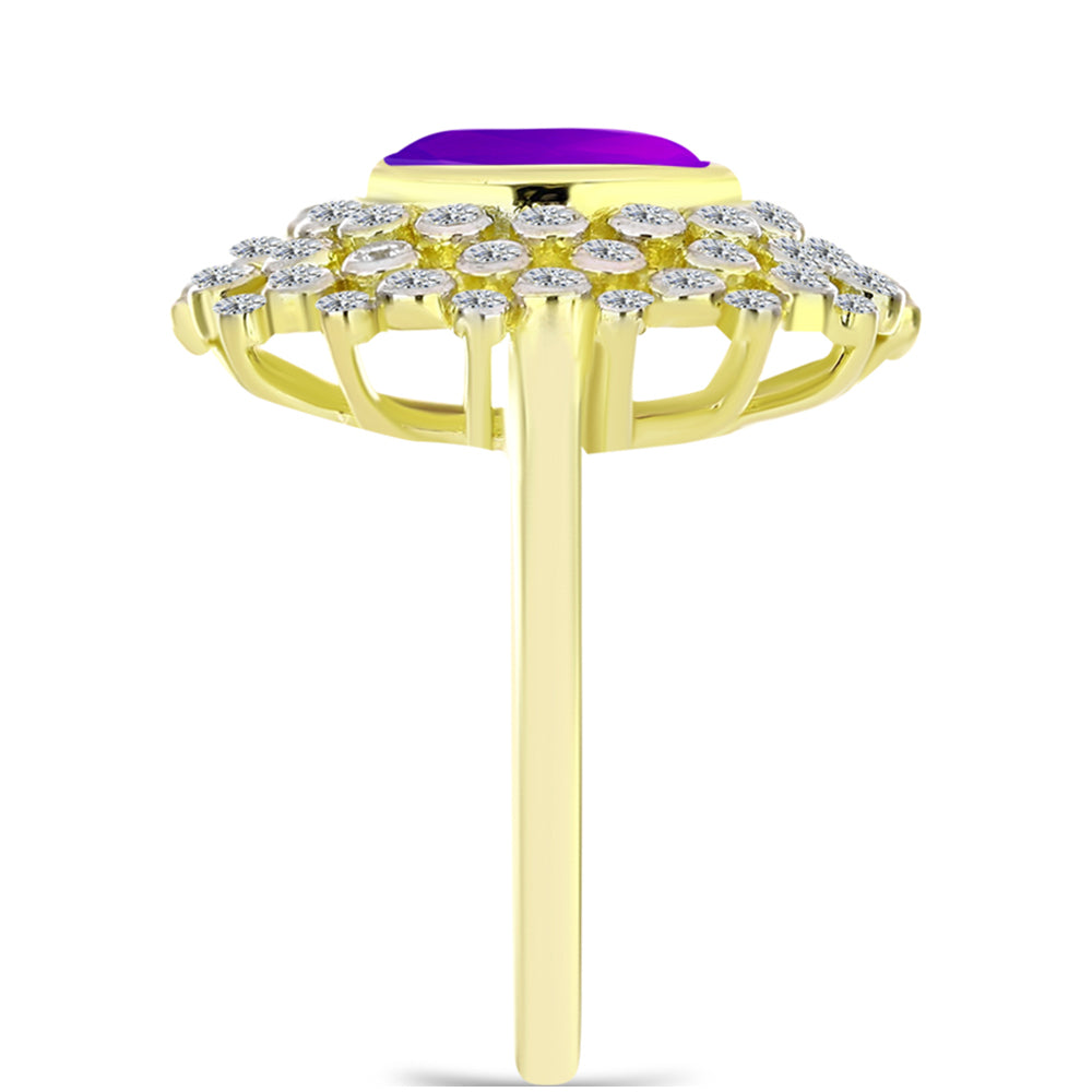 Anel de Prata com Banho de Ouro com Ágata Roxa e Topázio Branco  Contraste: Cabeca de Veado (800)
