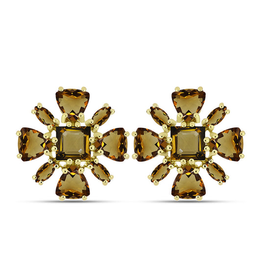 Brincos de Prata com Banho de Ouro com Quartzo Cognac
