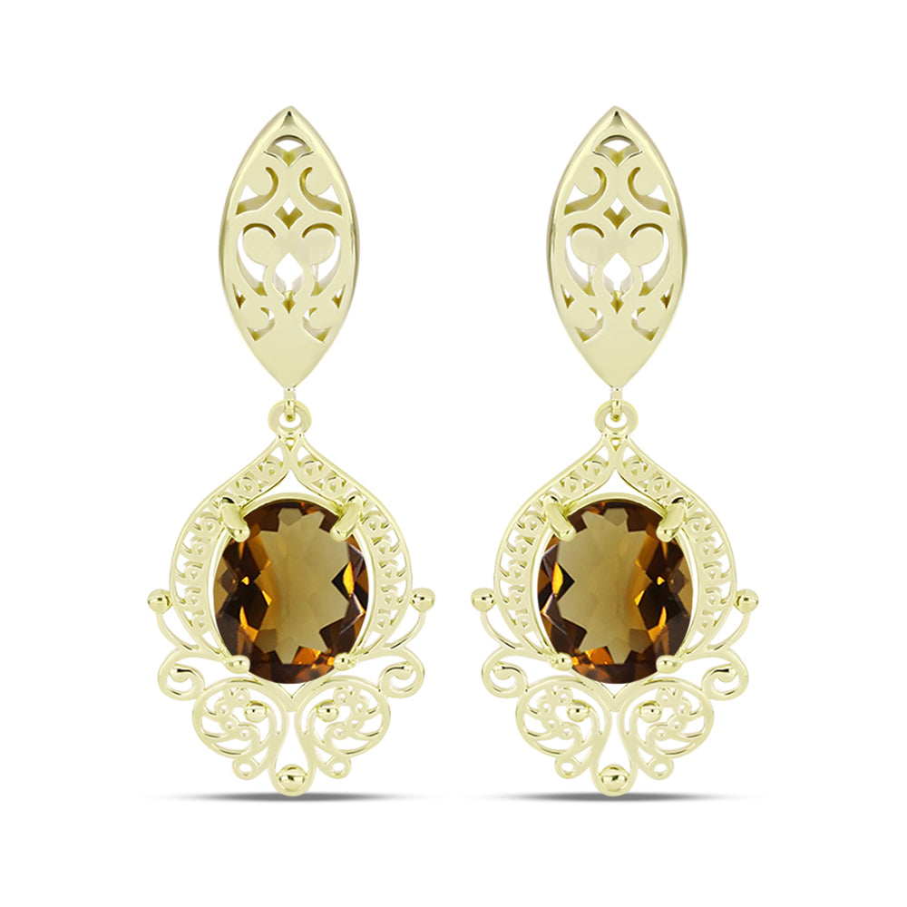 Brincos de Prata com Banho de Ouro com Quartzo Cognac  Contraste: Cabeca de Veado (800)