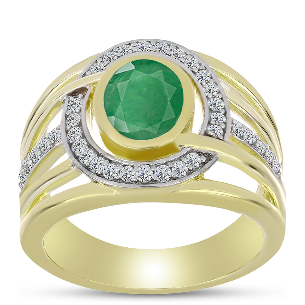 Anel de Prata com Banho de Ouro com Esmeralda do Brasil e Topázio Branco  Contraste: Cabeca de Veado (800)