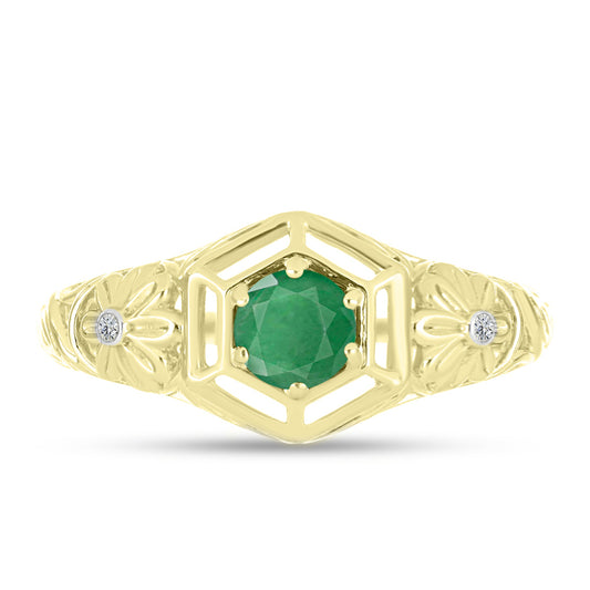Anel de Prata com Banho de Ouro com Esmeralda do Brasil e Topázio Branco  Contraste: Cabeca de Veado (800)
