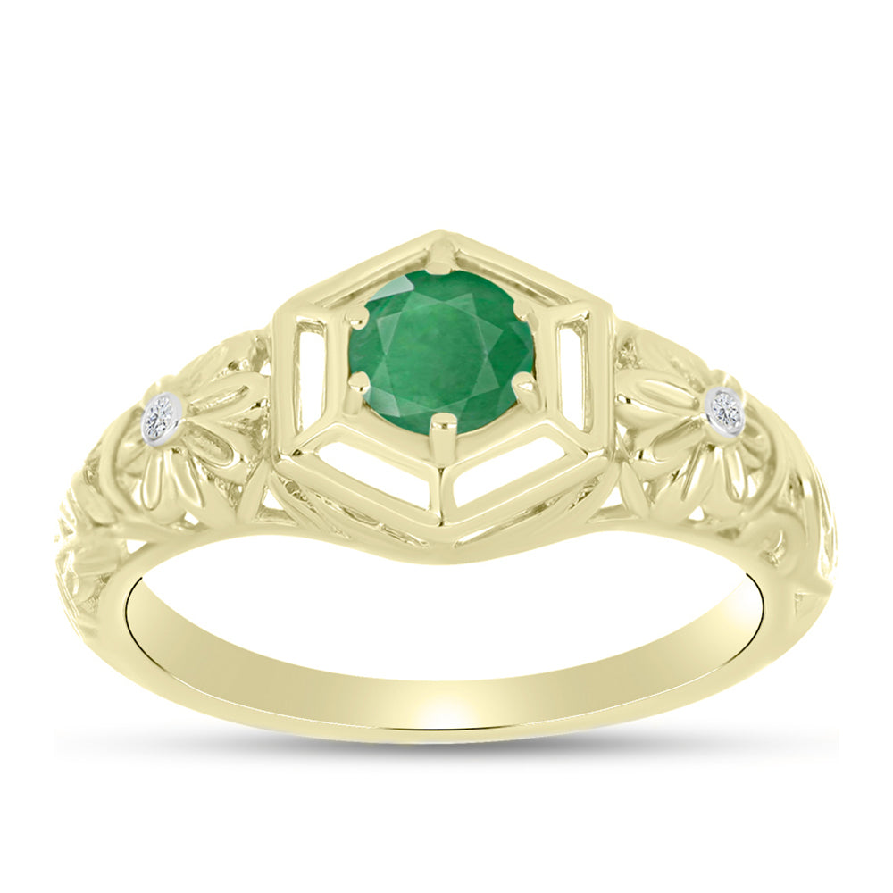 Anel de Prata com Banho de Ouro com Esmeralda do Brasil e Topázio Branco  Contraste: Cabeca de Veado (800)