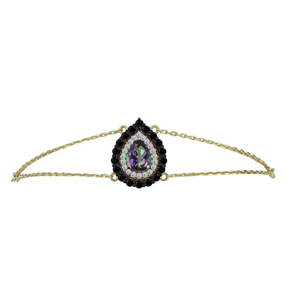 Pulseira de Prata com Banho de Ouro com Topázio Místico e Espinela Preta  Contraste: Cabeca de Veado (800)