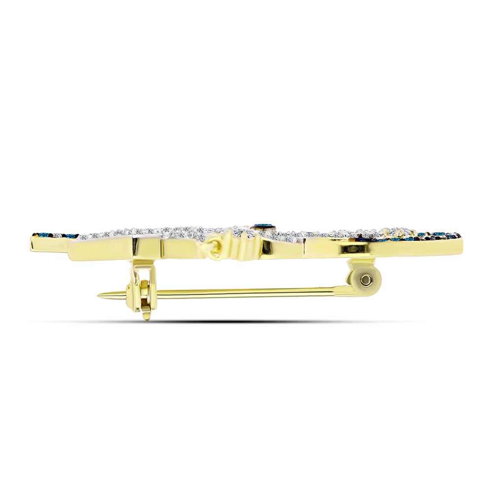Alfinete de Prata com Banho de Ouro com Diamante Azul e Topázio Branco  Contraste: Cabeca de Veado (800)
