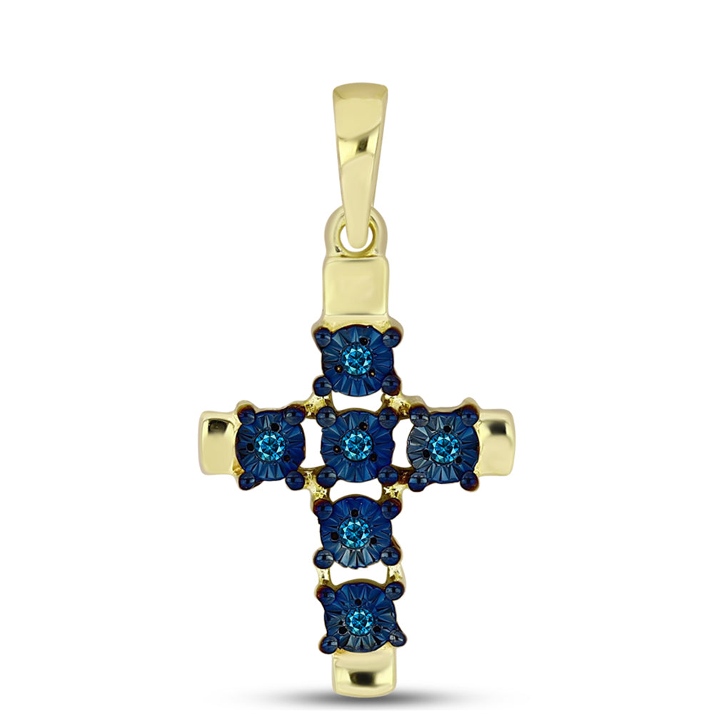 Cruz Pendente de Prata com Banho de Ouro com Diamante Azul 1 