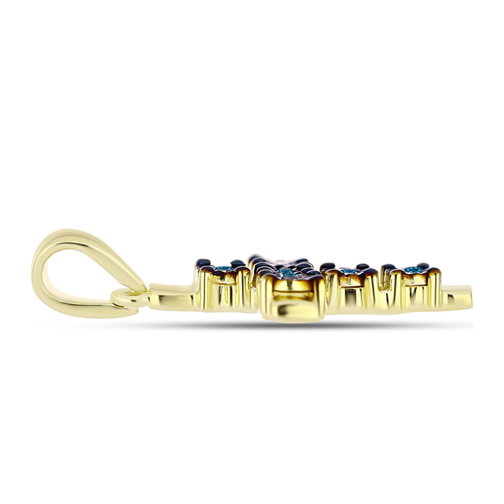 Cruz Pendente de Prata com Banho de Ouro com Diamante Azul