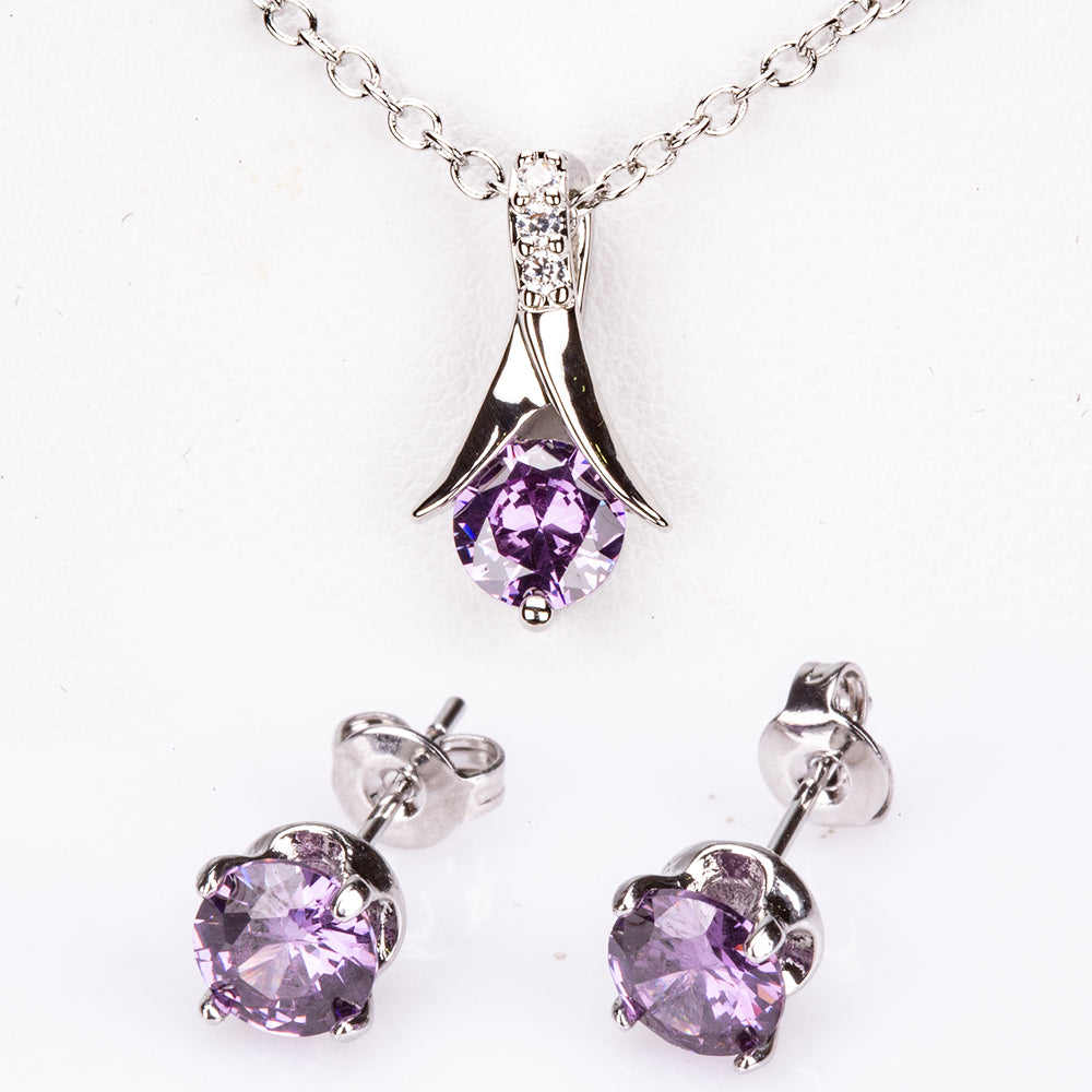 Conjunto de Liga de Ouro Branco com Cristal Emporia® Roxo ( Colar+Brincos+Pendente ) 1 