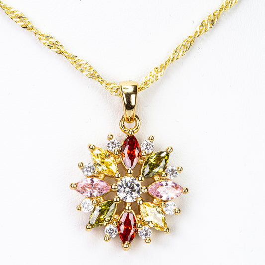 Conjunto de Liga de Ouro com Cristal Emporia® Vermelho e Cristal Emporia® Amarelo ( Colar+Brincos+Pendente )