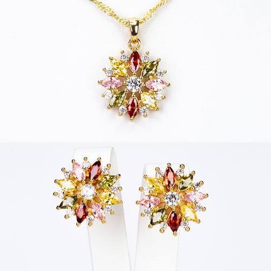 Conjunto de Liga de Ouro com Cristal Emporia® Vermelho e Cristal Emporia® Amarelo ( Colar+Brincos+Pendente )