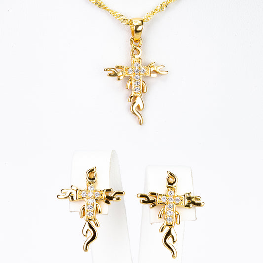 Conjunto de Liga de Ouro com Cristal Emporia® Branco ( Colar+Brincos+Pendente )
