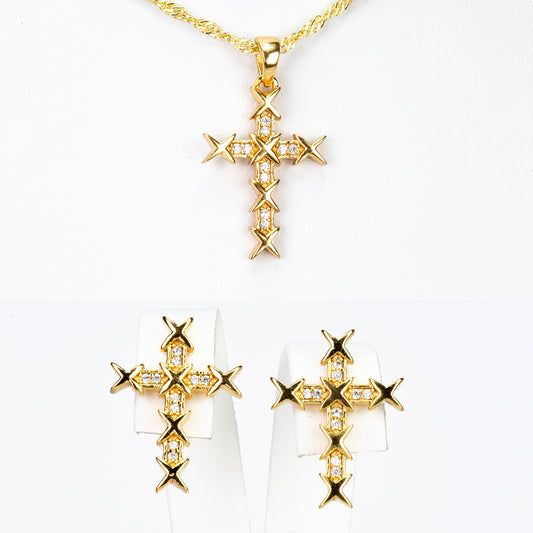 Cruz Conjunto de Liga de Ouro com Cristal Emporia® Branco ( Colar+Brincos+Pendente )